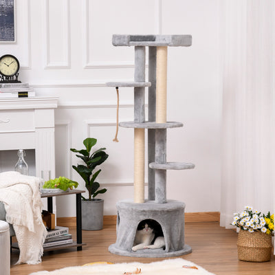 PawHut Cat Tree for Indoor Cats Kitten Tower Multi-level Activity Centre Pet Furniture with Scratching Post Condo Hanging Ropes Plush Perches Grey 