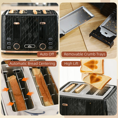 HOMCOM 4 Slice Toaster with 7 Browning Levels, High Lift, Reheat/Defrost/Cancel, Self-centring Function, Removable Crumb Tray, Auto Off, 1600W, Black Honeycomb Texture 