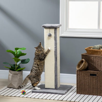 PawHut 81cm Cat Scratcher, Vertical Full Scratcher w/ Natural Sisal Rope, Hanging Ball, Soft Plush - Grey 
