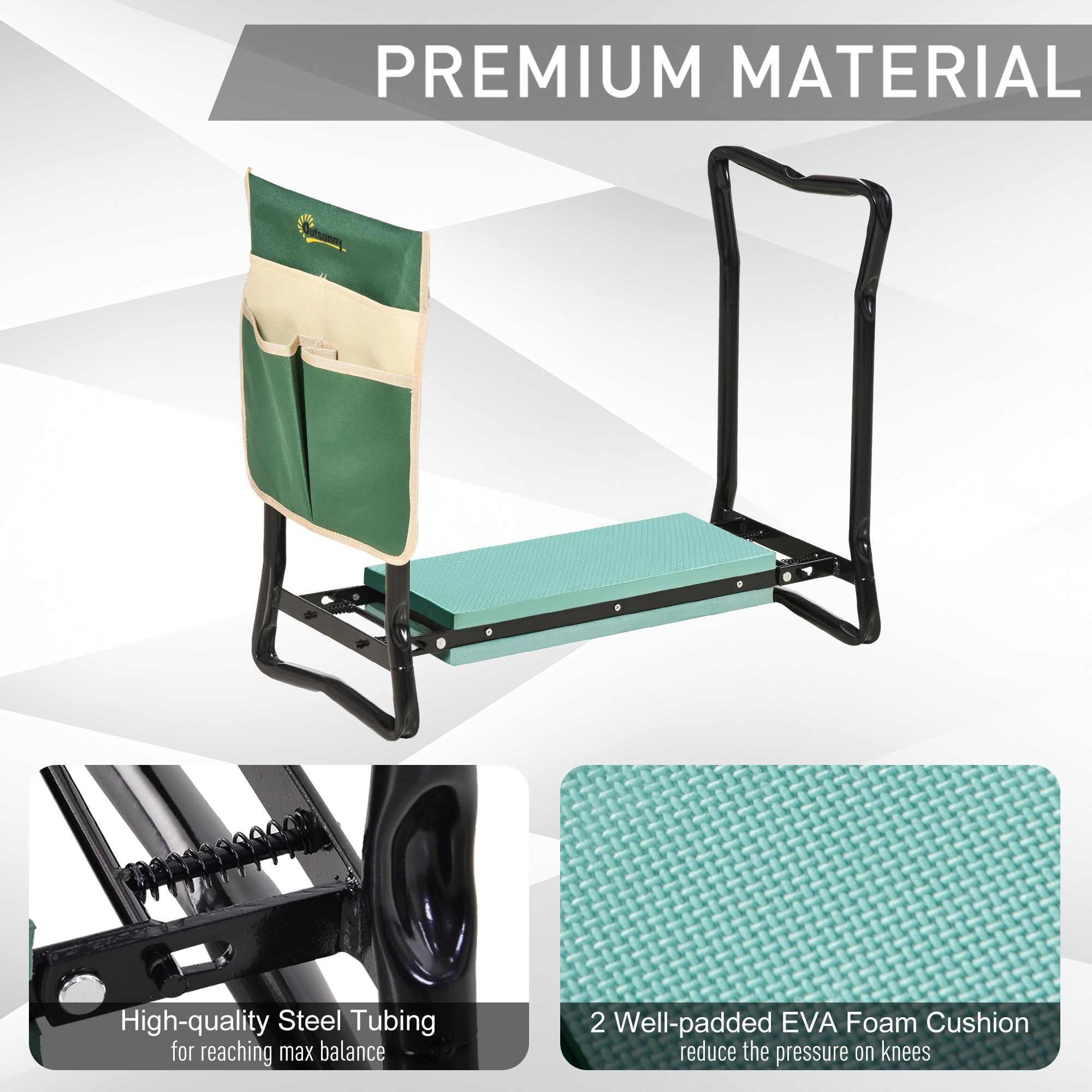 Outsunny Steel Frame Padded Garden Kneeler, with Tool Bag - Green 