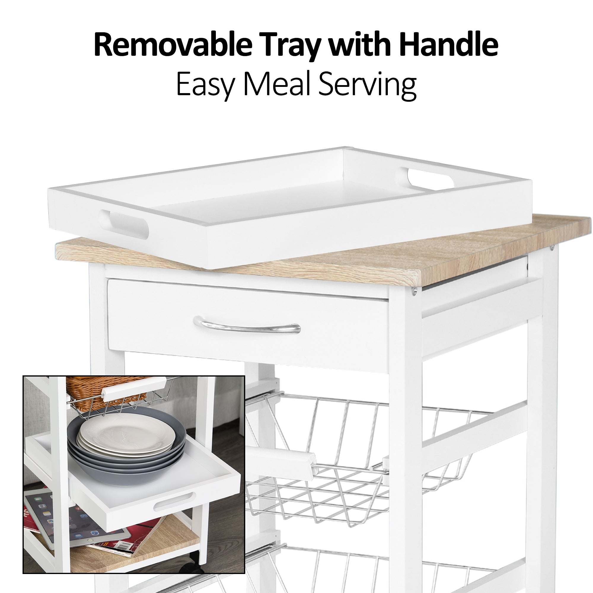 HOMCOM Mobile Rolling Kitchen Island Trolley for Home w/ Metal Baskets Trays Shelves Wheels Compact Stylish Storage White 