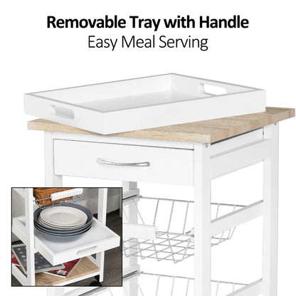 HOMCOM Mobile Rolling Kitchen Island Trolley for Home w/ Metal Baskets Trays Shelves Wheels Compact Stylish Storage White 
