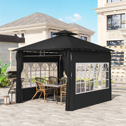 Outsunny 3 x 3 m Garden Gazebo, Double Roof Metal Gazebo with Removable Sidewalls and Church Windows, Outdoor Canopy Shelter, Black 