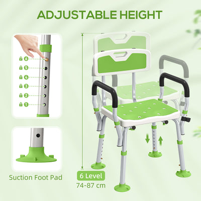 HOMCOM EVA Padded Shower Chair for the Elderly and Disabled, Height Adjustable Shower Stool with Back and Arms, 4 Suction Foot Pads, Green 