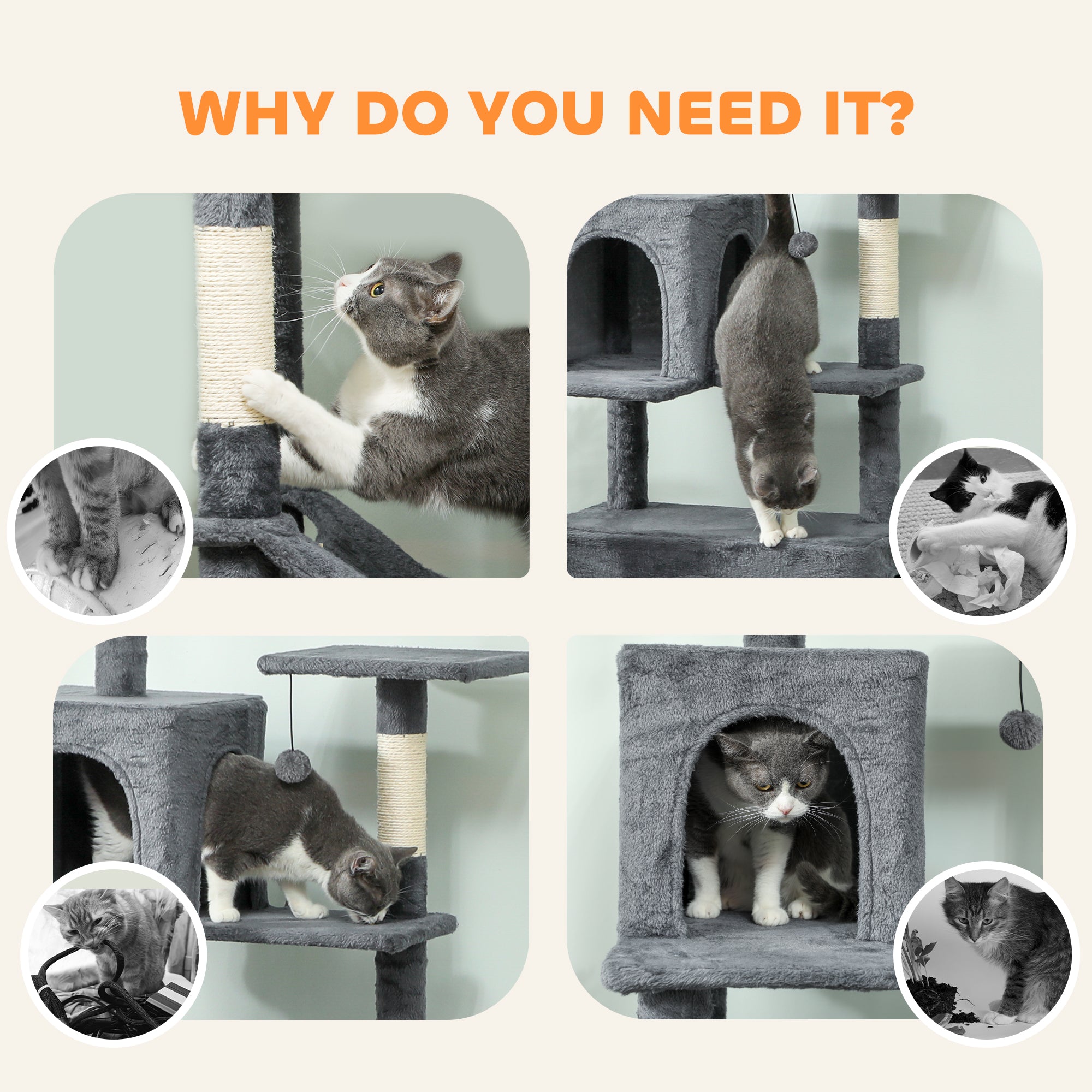 PawHut 202cm Large Cat Tree with 6 Scratching Posts, 2 Hammocks, 2 Condos, 2 Perches, Pompoms, for Indoor Cats to Rest and Play 