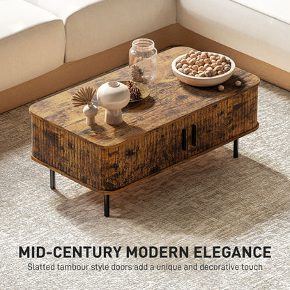 HOMCOM Coffee Table with Storage, Living Room Table with Slatted Tambour Sliding Doors and Foot Pads, Rectangular Coffee Table with Elevated Base for Living Room, Rustic Brown