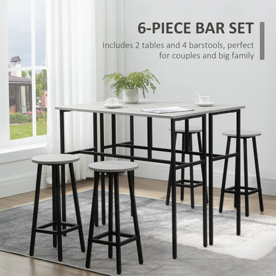 HOMCOM 6-Piece Bar Table Set, 2 Breakfast Tables with 4 Stools, Counter Height Dining Tables & Chairs for Kitchen, Living Room, Grey 