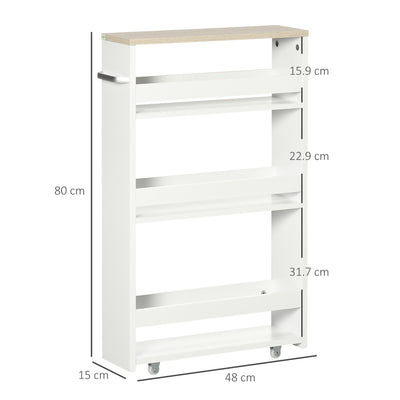kleankin Storage Cart, 4-Tier Compact Storage Trolley on Wheels and Handle, 48W x 15D x 80H cm, White