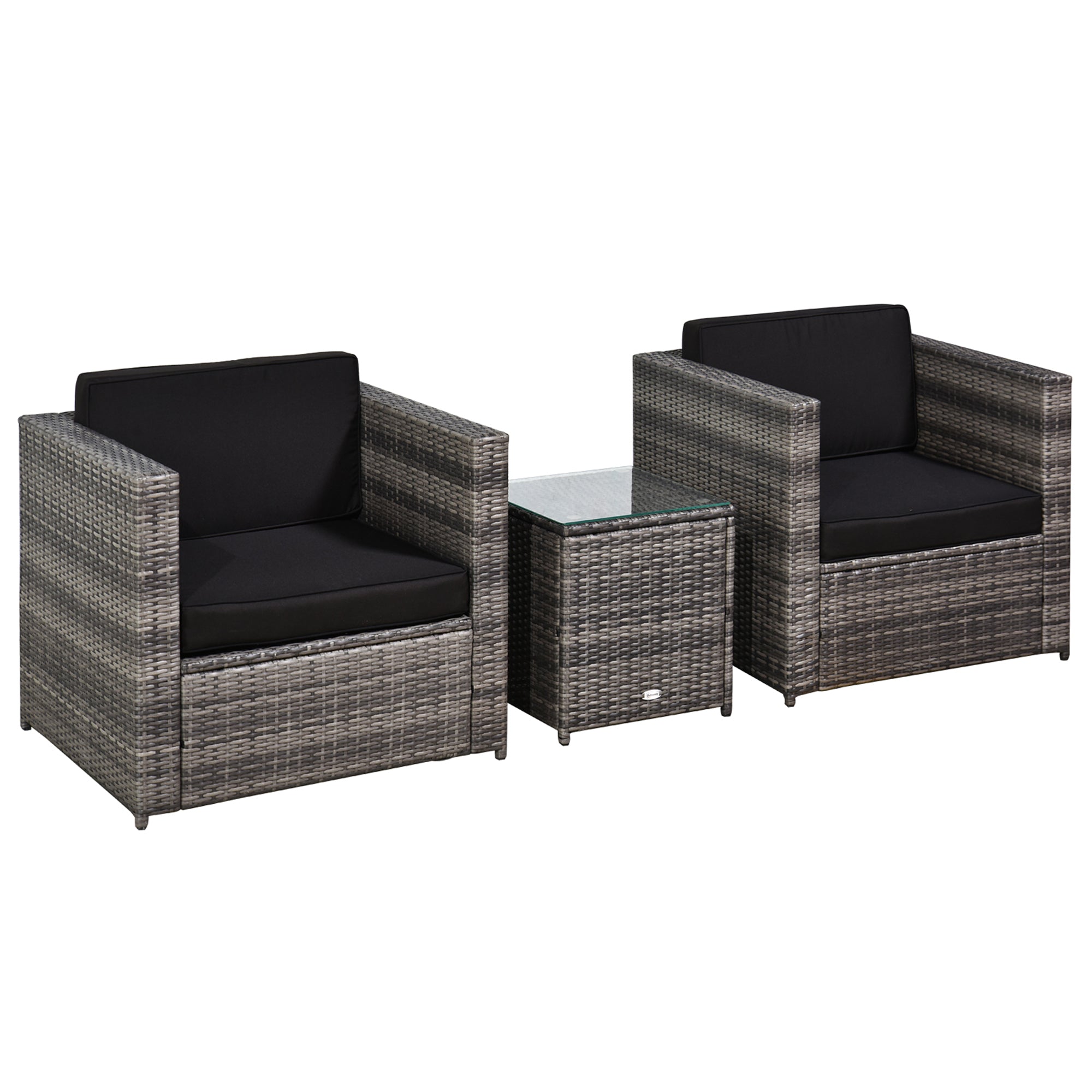 Outsunny 3 Pieces Rattan Bistro Set, Wicker Garden Furniture Set with Glass Top Coffee Table and Chairs, Thickened Washable Cushions for Outdoor, Patio, Balcony, Grey 