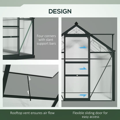 Outsunny 6 x 4ft Polycarbonate Greenhouse, Large Walk-In Green House with Slide Door and Window, Garden Plants Grow House with Aluminium Frame and Foundation, Grey 