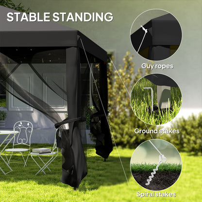 Outsunny 3 x 3\'c2\'a0m Pop Up Gazebo, 420D Garden Tent Canopy with Removable Mesh Sidewall Netting, Carry Bag for Garden Patio Outdoor, Black