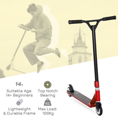 HOMCOM Stunt Scooter, 360° Entry Level Tricks Scooter w/ Lightweight Aluminium Deck and ABEC 7 Bearing, For Age 14+ Beginners, Red 