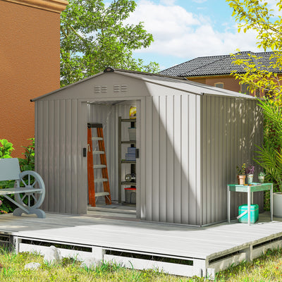 Outsunny Garden Storage Shed, Metal Outdoor Storage Shed House with Foundation Kit, Ventilation, Doors, 9 x 6FT, Grey 