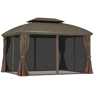 Outsunny 3.65 x 3(m) Hardtop Steel Gazebo Canopy with Aluminium Frame, Double Roof, Net Sidewalls and Curtains, Coffee 