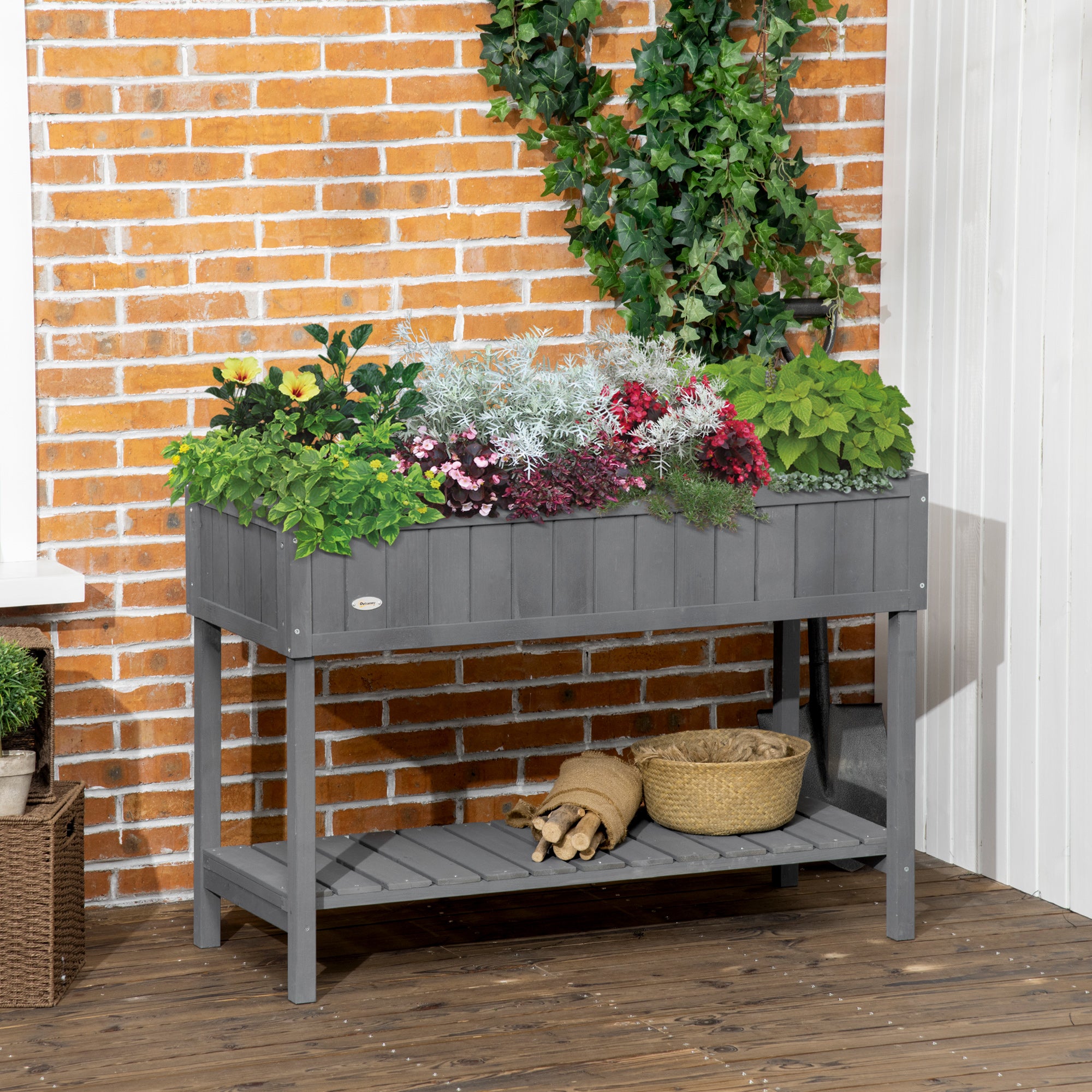 Outsunny Fir Wood Raised Rectangular 8 Compartment Plant Stand Dark Grey 