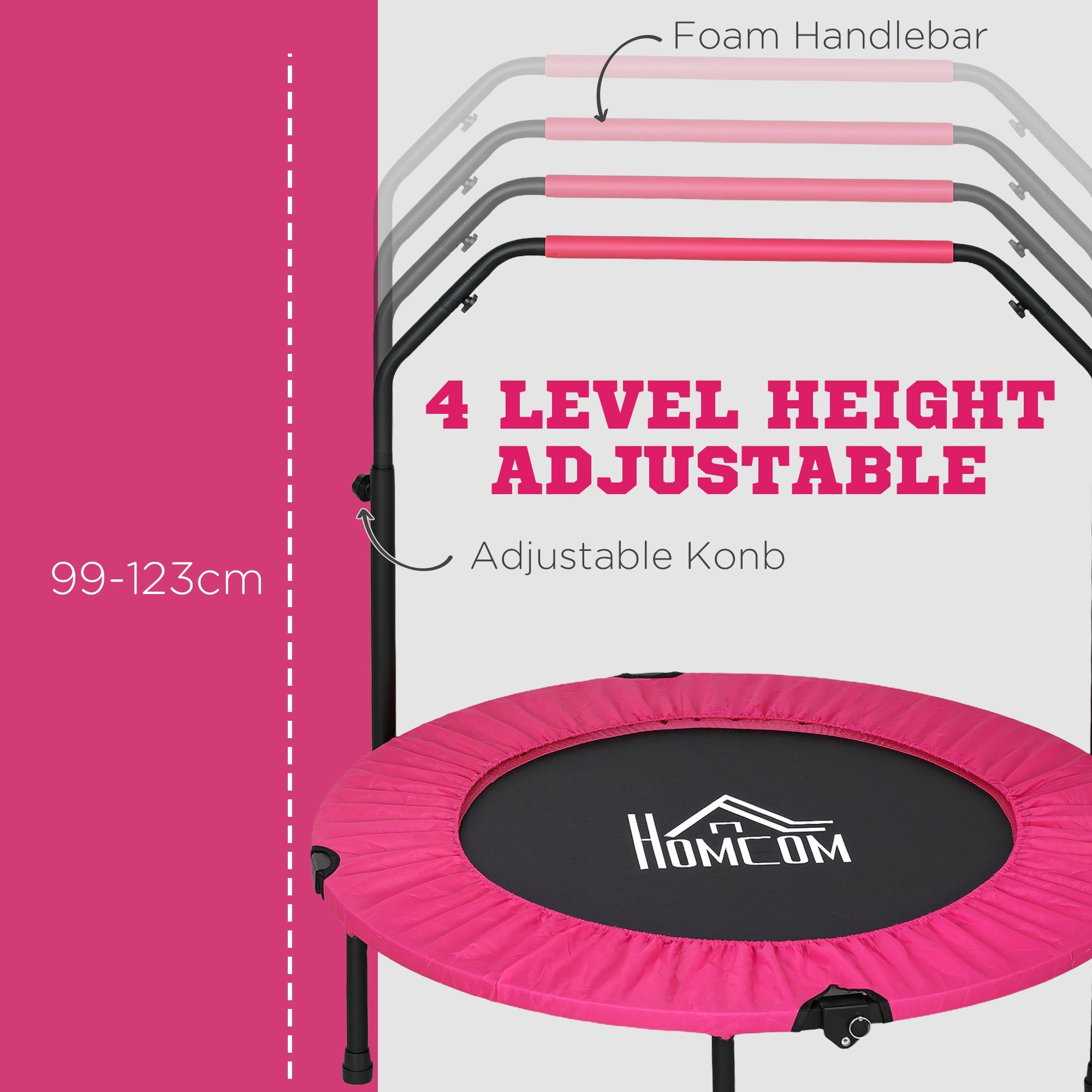 HOMCOM 40" Foldable Mini Fitness Trampoline, with Adjustable Foam Handle, Pink 