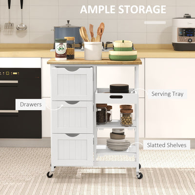 HOMCOM Rolling Kitchen Island Cart, Bar Serving Cart, Compact Trolley on Wheels with Wood Top, Shelves & Drawers for Home Dining Area, White 