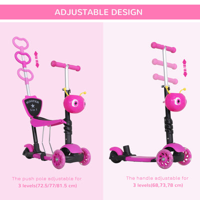 HOMCOM 5 in1 Kids  Scooter 3 Wheel Toddler scooter Kick Scooter with Adjustable Handlebar, Removable Seat & Back Rest for 18 Month+, Pink 