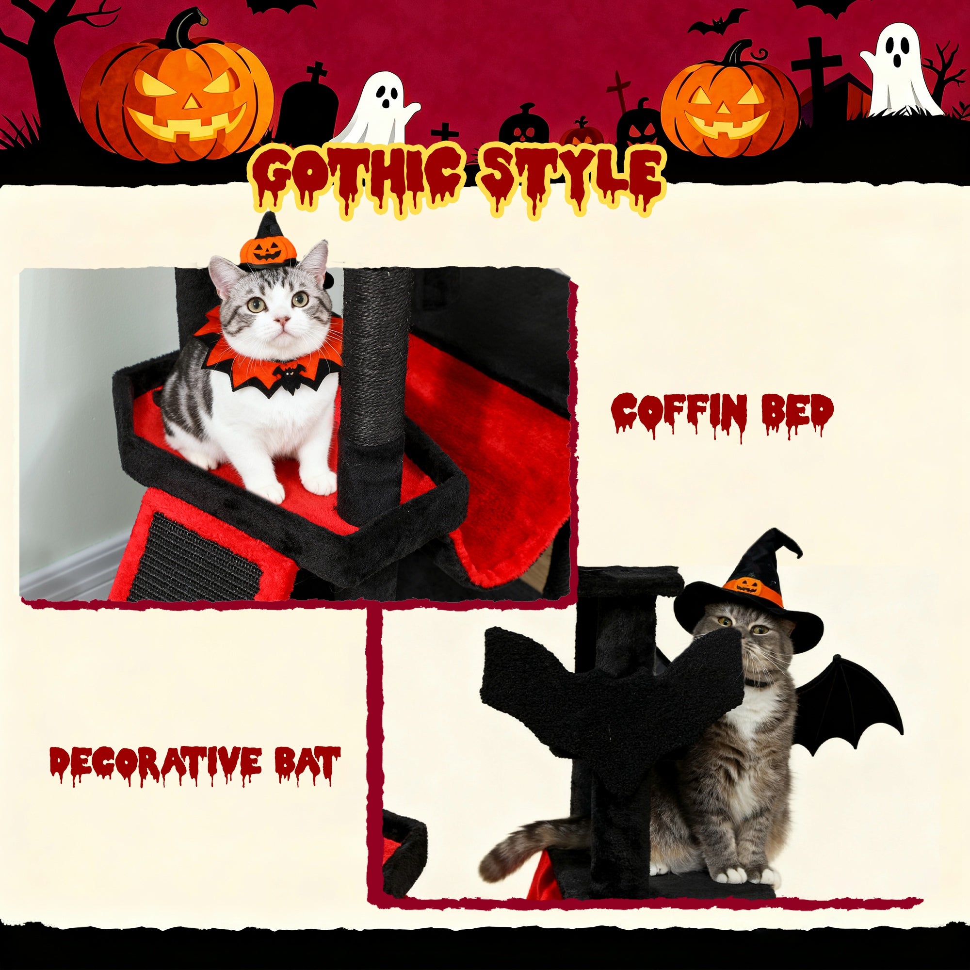 PawHut Gothic Cat Tree, 152 cm Multi-Level Cat Tower for Large Cats with Coffin Bed, Large Condo, for Halloween 