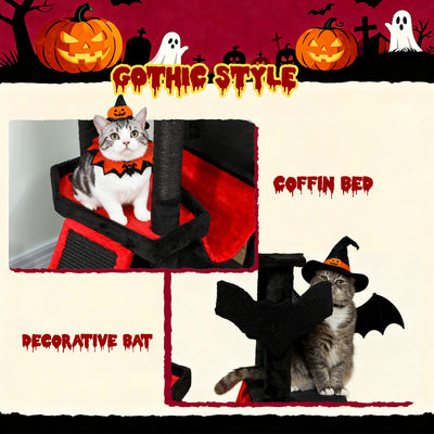PawHut Gothic Cat Tree, 152 cm Multi-Level Cat Tower for Large Cats with Coffin Bed, Large Condo, for Halloween 