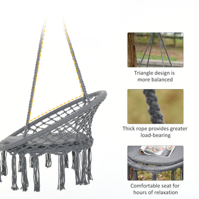 Outsunny Outdoor Cotton-Polyester Blend Macrame Hanging Rope Chair with Cushion, Portable Garden Chair with Fringe Tassels for Patio, Deck, Tree, Grey 