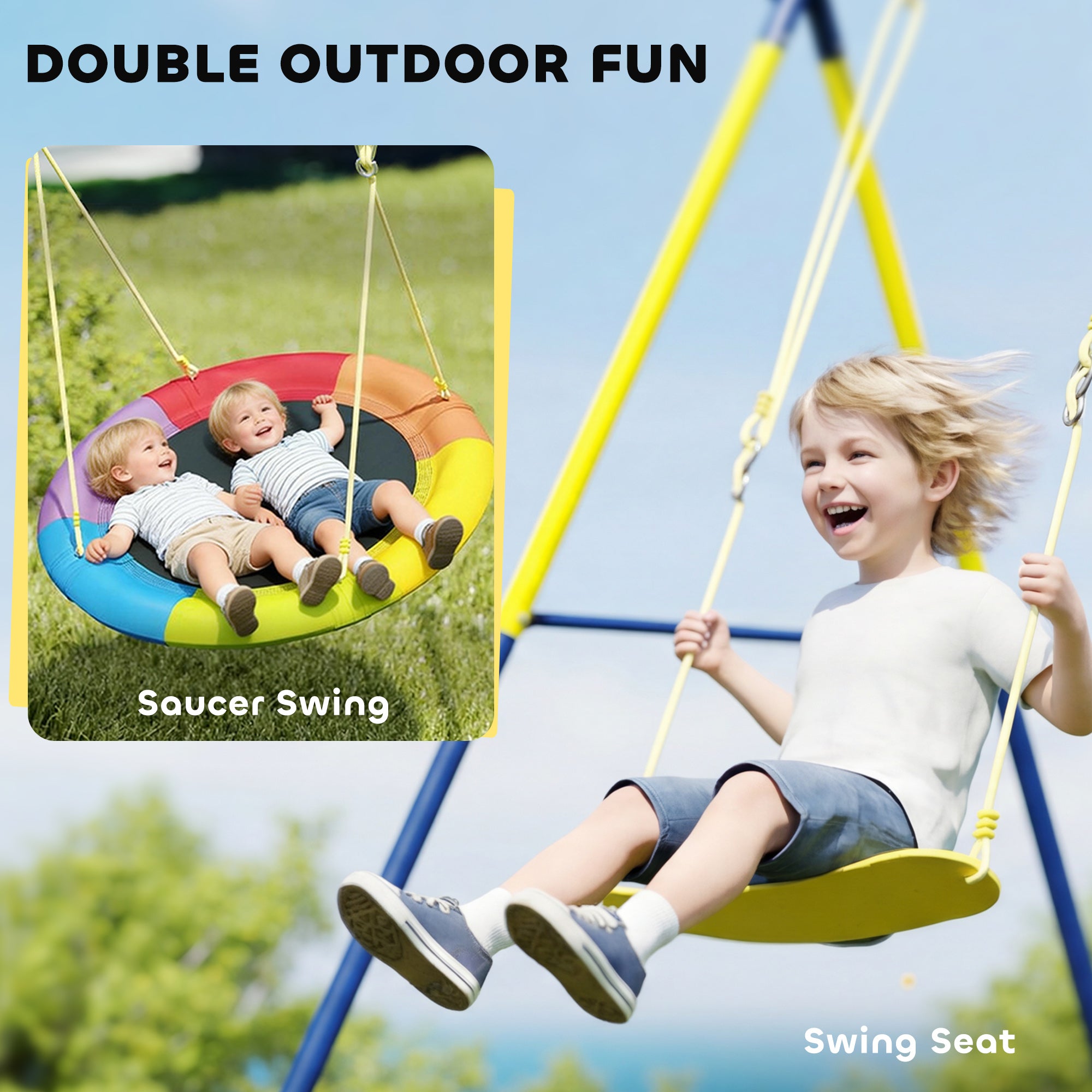 AIYAPLAY Kids Swing Set with Double Swings, Outdoor Playset with Adjustable Ropes, Metal Frame for Ages 3-8, 150kg Capacity 