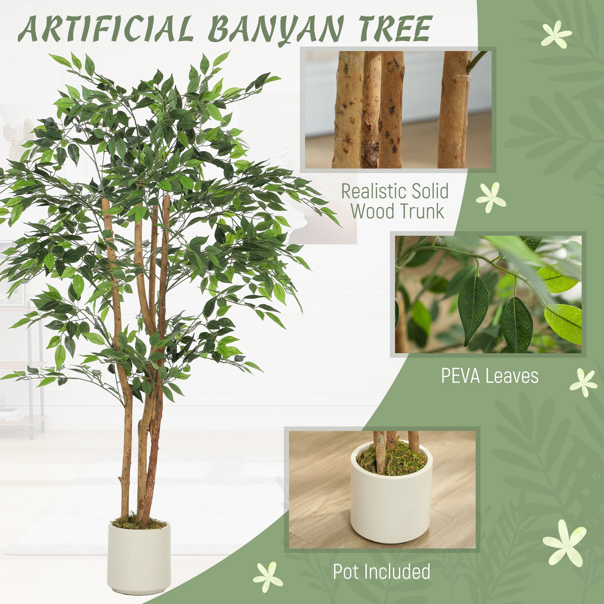 HOMCOM 150cm Artificial Ficus Tree, Fake Potted Tree with Solid Wood Trunk and Pot for Indoor, Green 