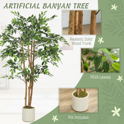 HOMCOM 150cm Artificial Ficus Tree, Fake Potted Tree with Solid Wood Trunk and Pot for Indoor, Green 
