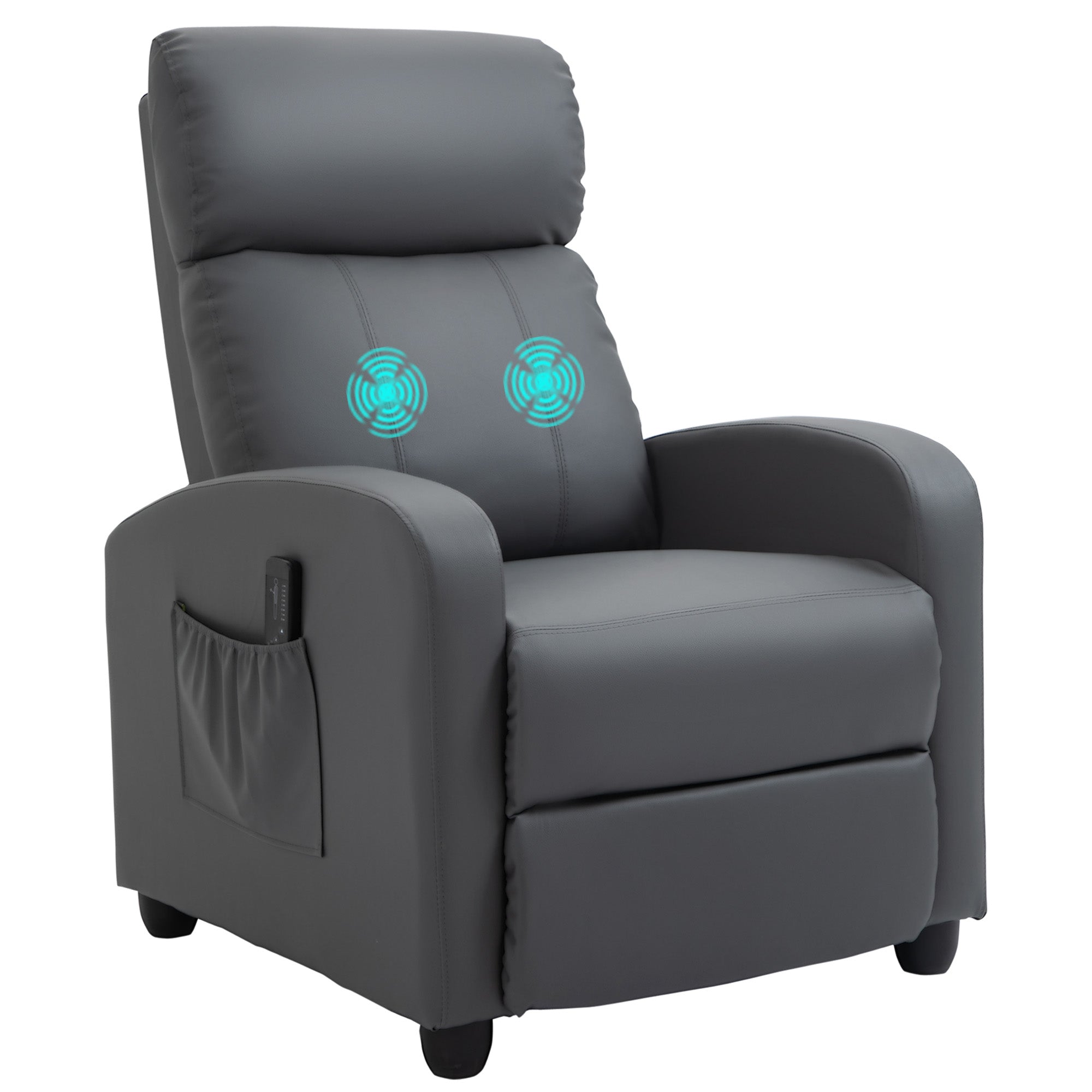 HOMCOM Recliner Armchair, Massage Faux Leather Push Back Reclining Chair with Adjustable Leg Rest, Side Pocket, for Home Living Room Theatre, Grey 