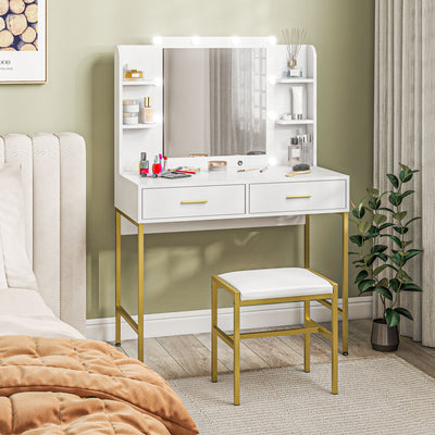 HOMCOM Dressing Table with Lighted Mirror, Cushioned Stool, Drawers, Shelves, LED Makeup Vanity Desk Set, Modern Dresser Vanity Table for Bedroom, White 