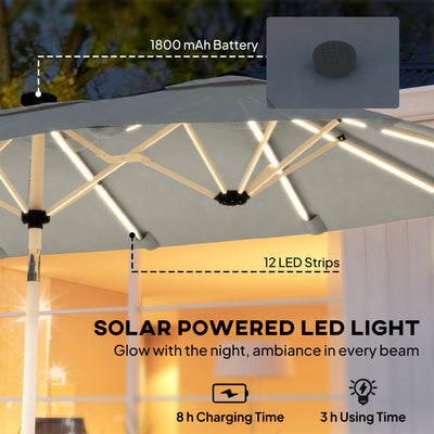 Outsunny 3 m Double-Sided Garden Parasol with LED Solar Lights, Outdoor Extra Large Sun Umbrella with Crank Handle, Grey 