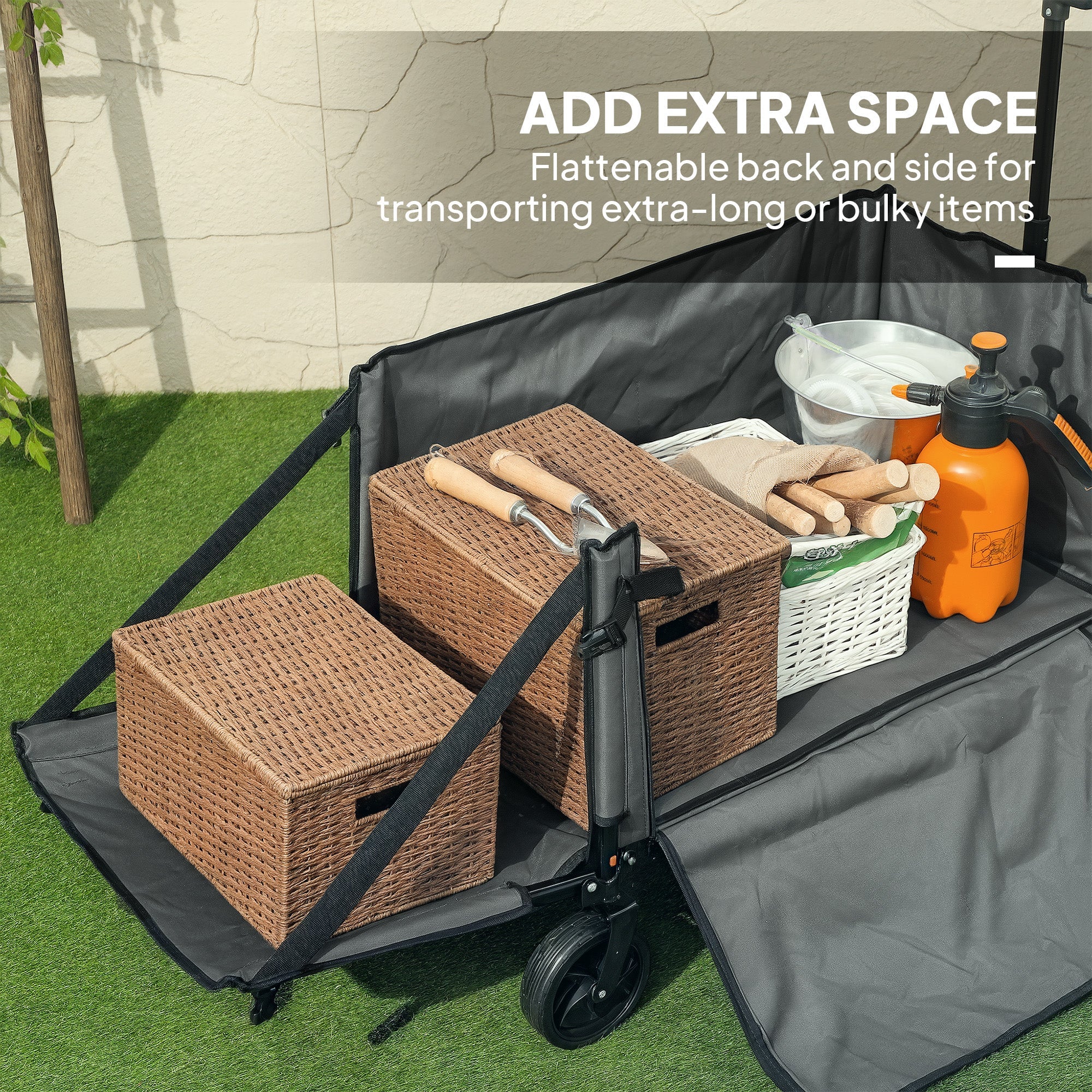 Outsunny Folding Trolley on Wheels, 150L Collapsible Wagon Festival Trolley Cart with Openable Sides, Adjustable Handle and Brakes for Shopping Camping Beach and Garden, Grey 