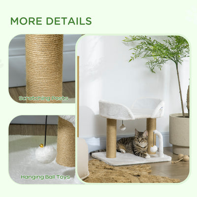 PawHut 42cm Indoor Cat Tree, with Toy Balls, Jute Scratching Post - White 