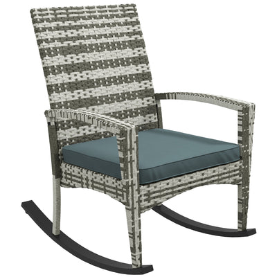 Outsunny Outdoor PE Rattan Rocking Chair, Garden Rocking Chair Set with Armrest and Cushion, Light Grey 