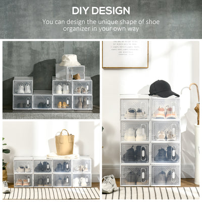HOMCOM 8PCS Clear Shoe Box, Plastic Stackable Shoe Storage Box for UK/EU Size up to 8.5/43 with Magnetic Door for Women/Men, 25 x 35 x 19cm 