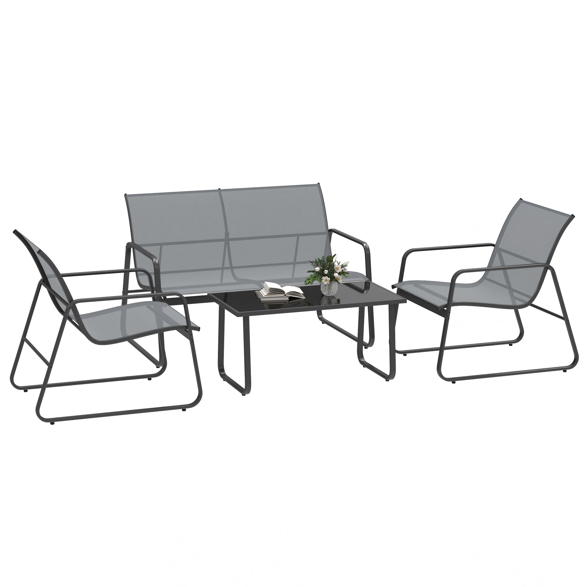 Outsunny 4 Piece Garden Furniture Set Outdoor Patio Sofa Set with Double Chair, Single Chairs and Glass Top Table for Terrace and Balcony, Light Grey 