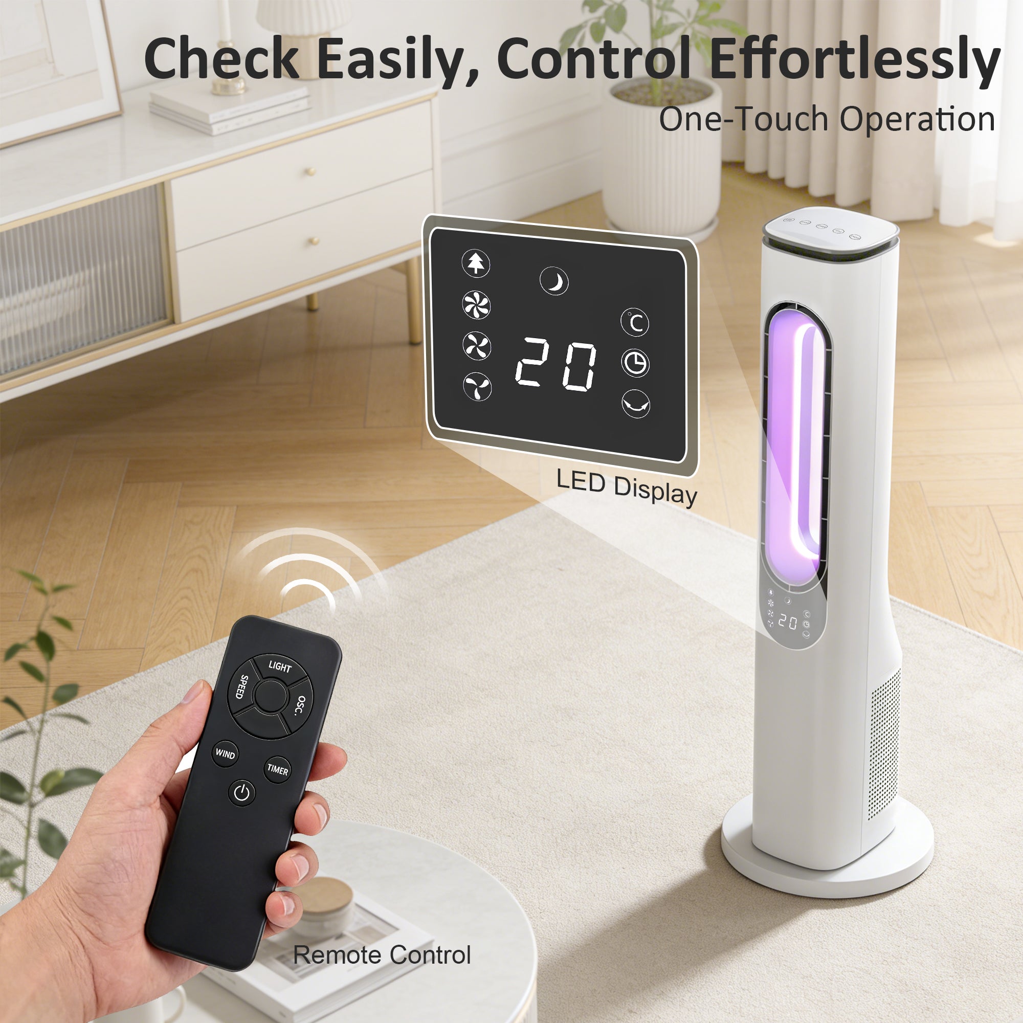 HOMCOM Bladeless Tower Fan for Bedroom, 35dB Standing Cooling Fan with Oscillating, LED Lights, 3 Speeds, 15H Timer, White 