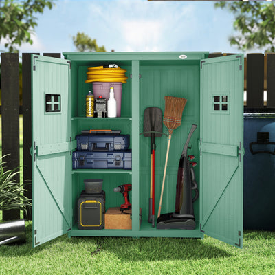 Outsunny Wooden Garden Shed with Two Windows, Tool Storage Cabinet, Outdoor Double Door organiser 127.5L x 50W x 164H cm, Green 