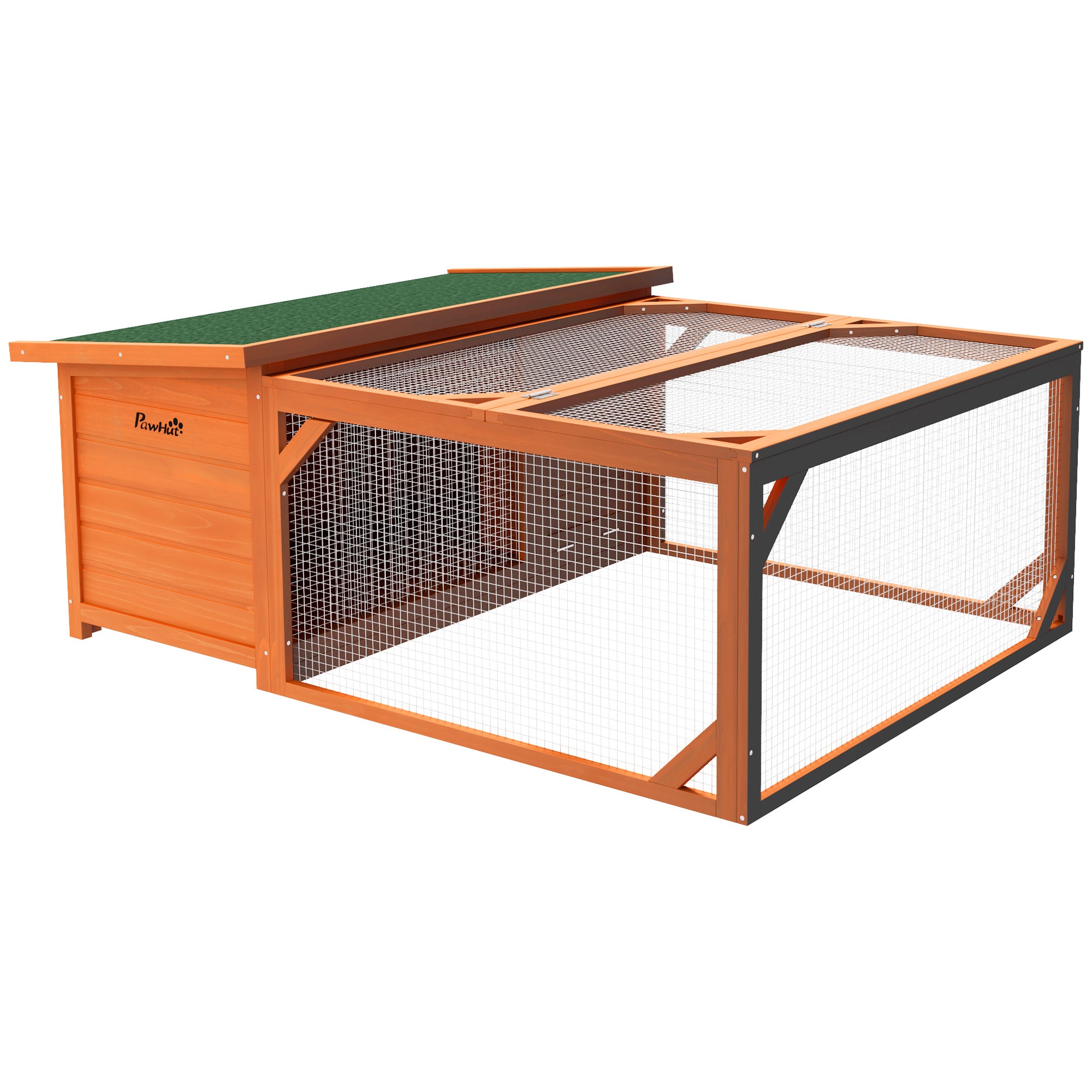 PawHut Rabbit Hutch Outdoor Guinea Pig Hutch with Run Small Animal Off-ground Duck House Hideaway Backyard with Openable Roof 125.5 x 100 x 49cm Orange 