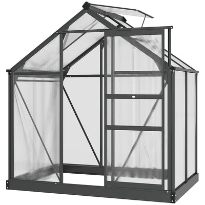 Outsunny 6 x 4ft Polycarbonate Greenhouse, Large Walk-In Green House with Slide Door and Window, Garden Plants Grow House with Aluminium Frame and Foundation, Grey 