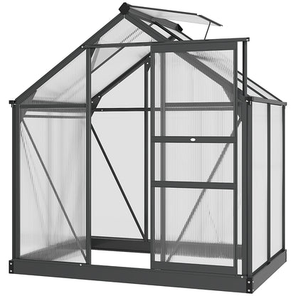Outsunny 6 x 4ft Polycarbonate Greenhouse, Large Walk-In Green House with Slide Door and Window, Garden Plants Grow House with Aluminium Frame and Foundation, Grey 