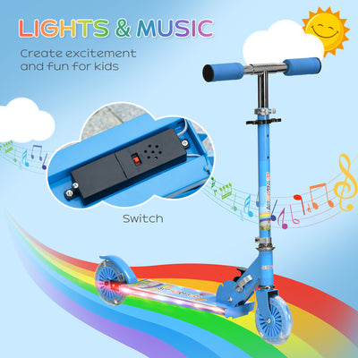 HOMCOM Kids Scooter, with Lights, Music, Adjustable Height, Foldable Frame, for Ages 3-7 Years - Blue 