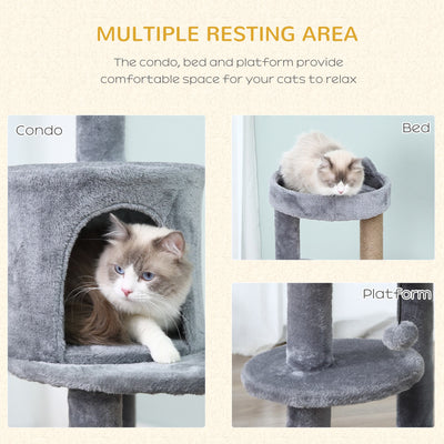PawHut 104 cm Cat Tree, Cat Condo Tree Tower, Cat Activity Centre with Scratching Posts, Plush Perch, Hanging Ball - Grey 