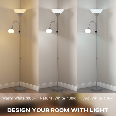 HOMCOM LED Floor Lamp for Living Room, 180cm Tall Standing Lamp, Mother and Child Uplighter with Adjustable Gooseneck, 3000K/4500K/6500K Colour Temperatures, Silver Tone 