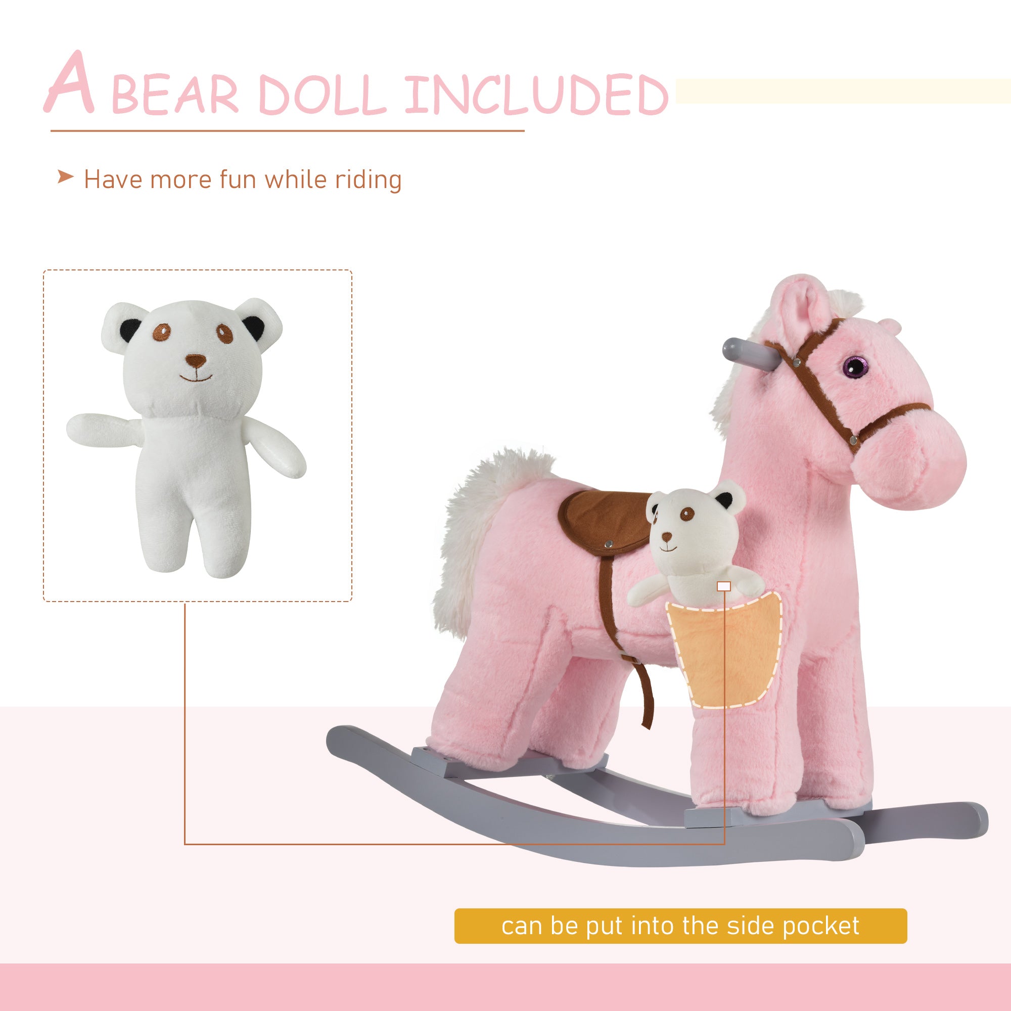 HOMCOM Kids Plush Ride-On Rocking Horse Toy Rocker with Plush Toy Realistic Sounds for Child 18-36 Months Pink 