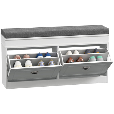 HOMCOM Shoe Storage Bench with Flip Drawers, Shoe Cabinet with Seat Cushion and Adjustable Shelf for Hallway, Entryway, Living Room, Bedroom, White 