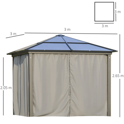 Outsunny 3 x 3(m) Hardtop Gazebo Canopy with Polycarbonate Roof, Aluminium Frame, Permanent Pavilion Garden Gazebo with Netting and Curtains for Patio, Deck, Dark Grey 