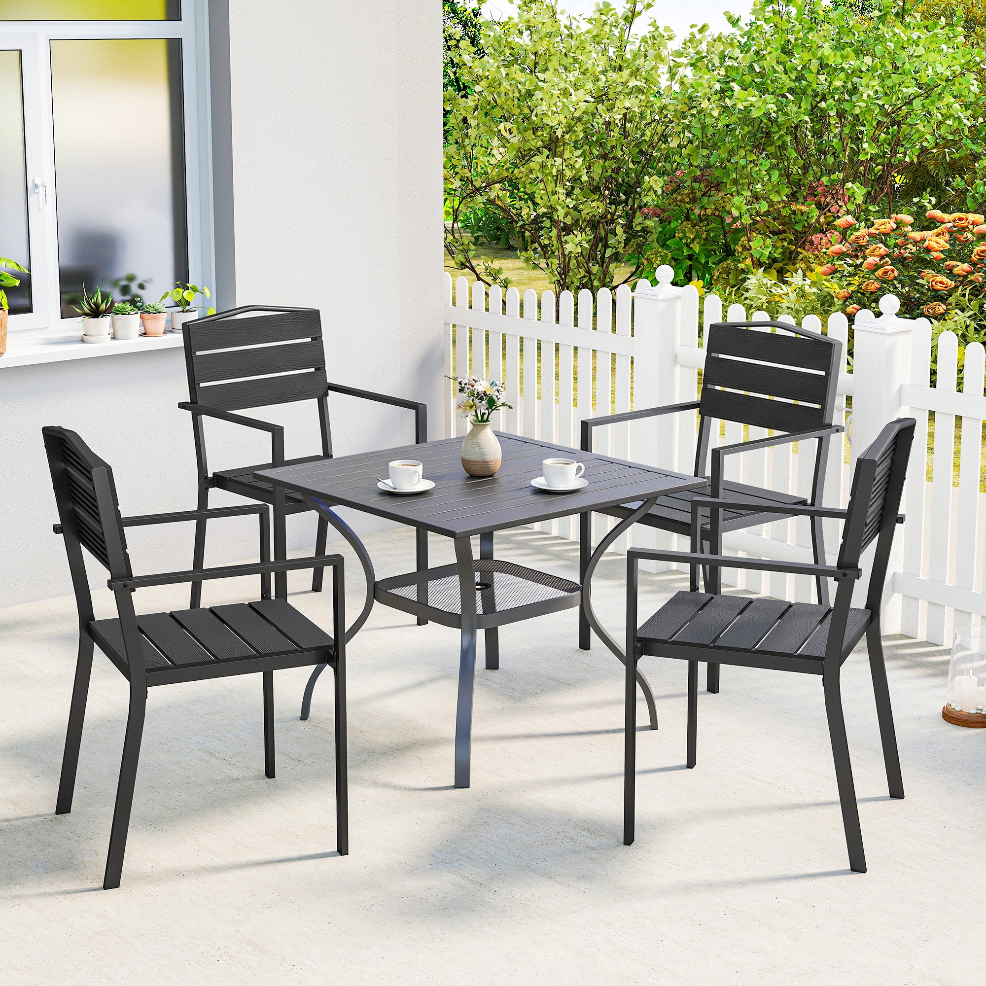 Outsunny Stackable Garden Chairs Set of 4, Garden Dining Chairs with Slatted HDPE Seat Back, Armrests, Metal Frame, Black 