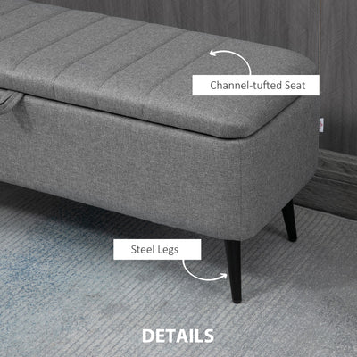 HOMCOM Storage Ottoman with Flip Top, Rectangular Upholstered Bench, Linen Fabric Footstool with Steel Legs for Living Room, Bedroom, Grey 
