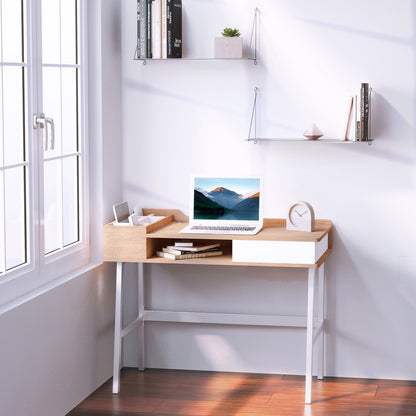 HOMCOM Computer Desk, Writing Desk, Study Workstation with Drawer, Storage Compartments, Cable Management, Laptop Table, Metal Frame, 100 x 55 x 81.5cm, Oak and White 